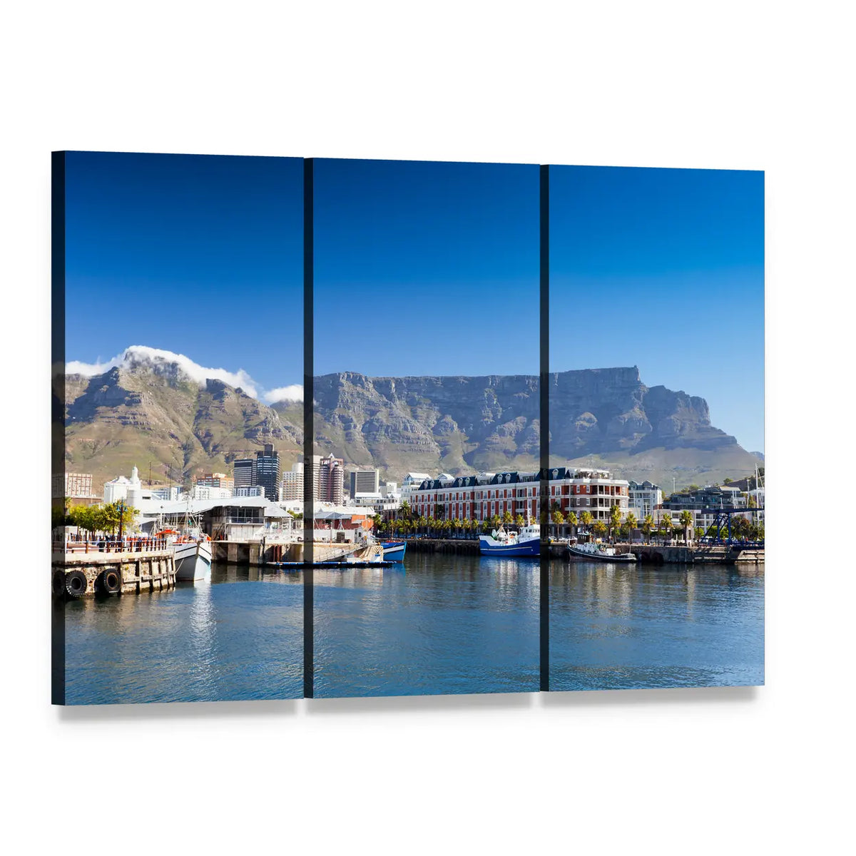 Table Mountain Waterfront Harbor Scene Canvas Wall Art, 3 panel 3 Horizontal layout gallery wrapped canvas set, angled product view
