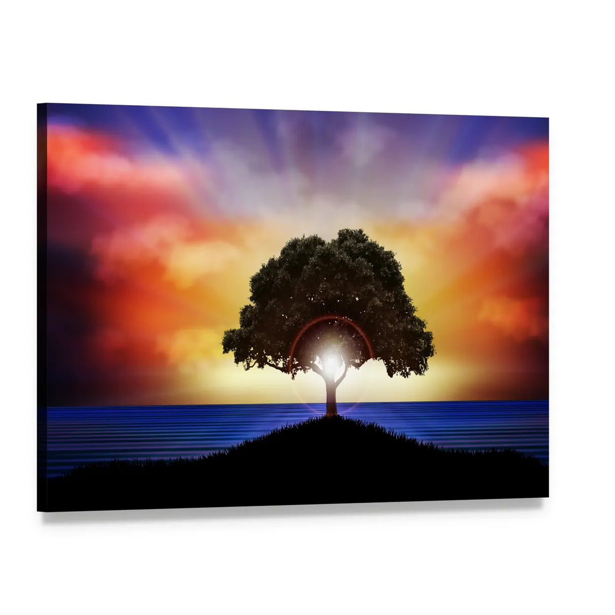 Lone Tree Silhouette at Sunset Canvas Wall Art, single panel gallery wrapped canvas, angled product view