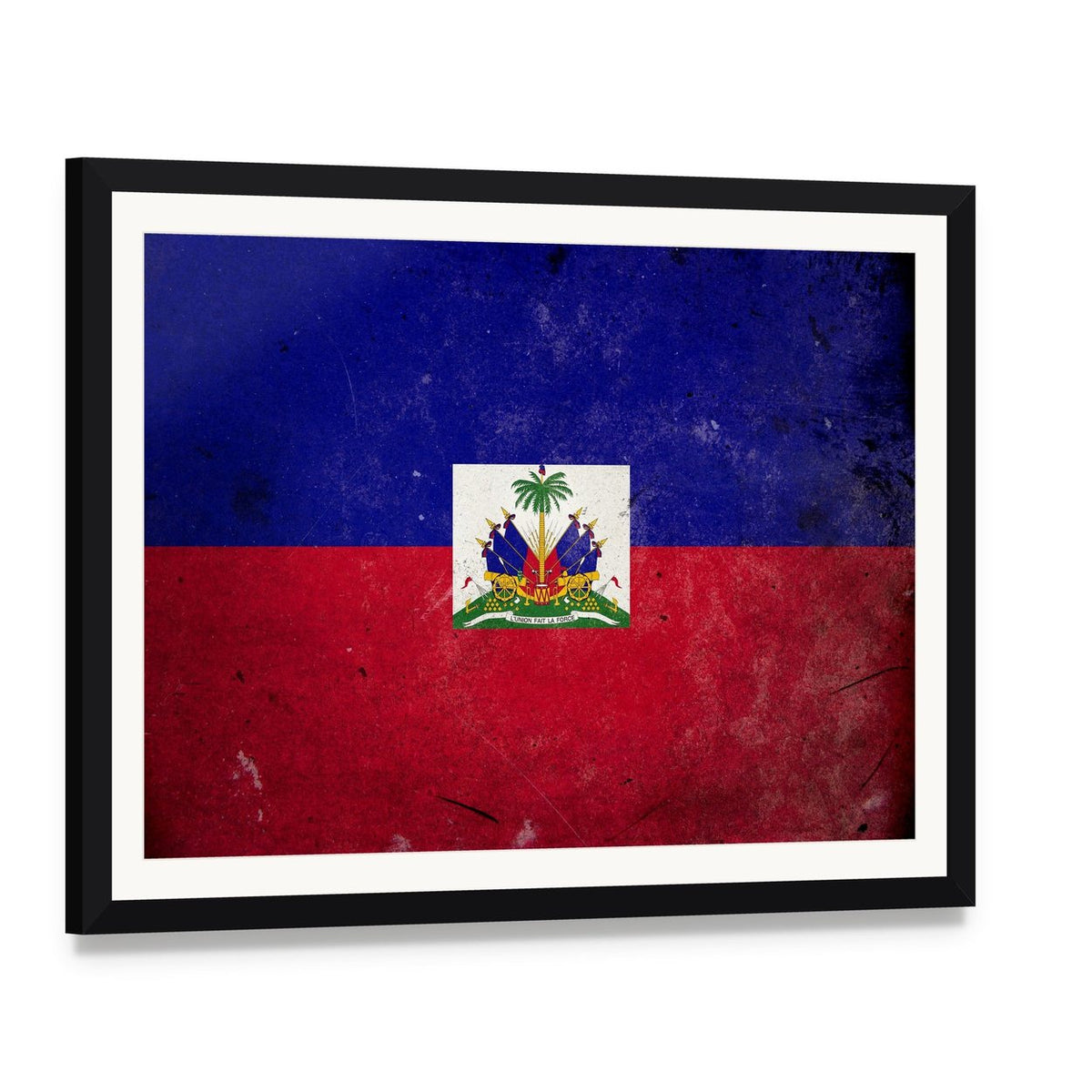 Haiti Flag with National Emblem Canvas Wall Art, framed print with white mat and black frame, angled product view