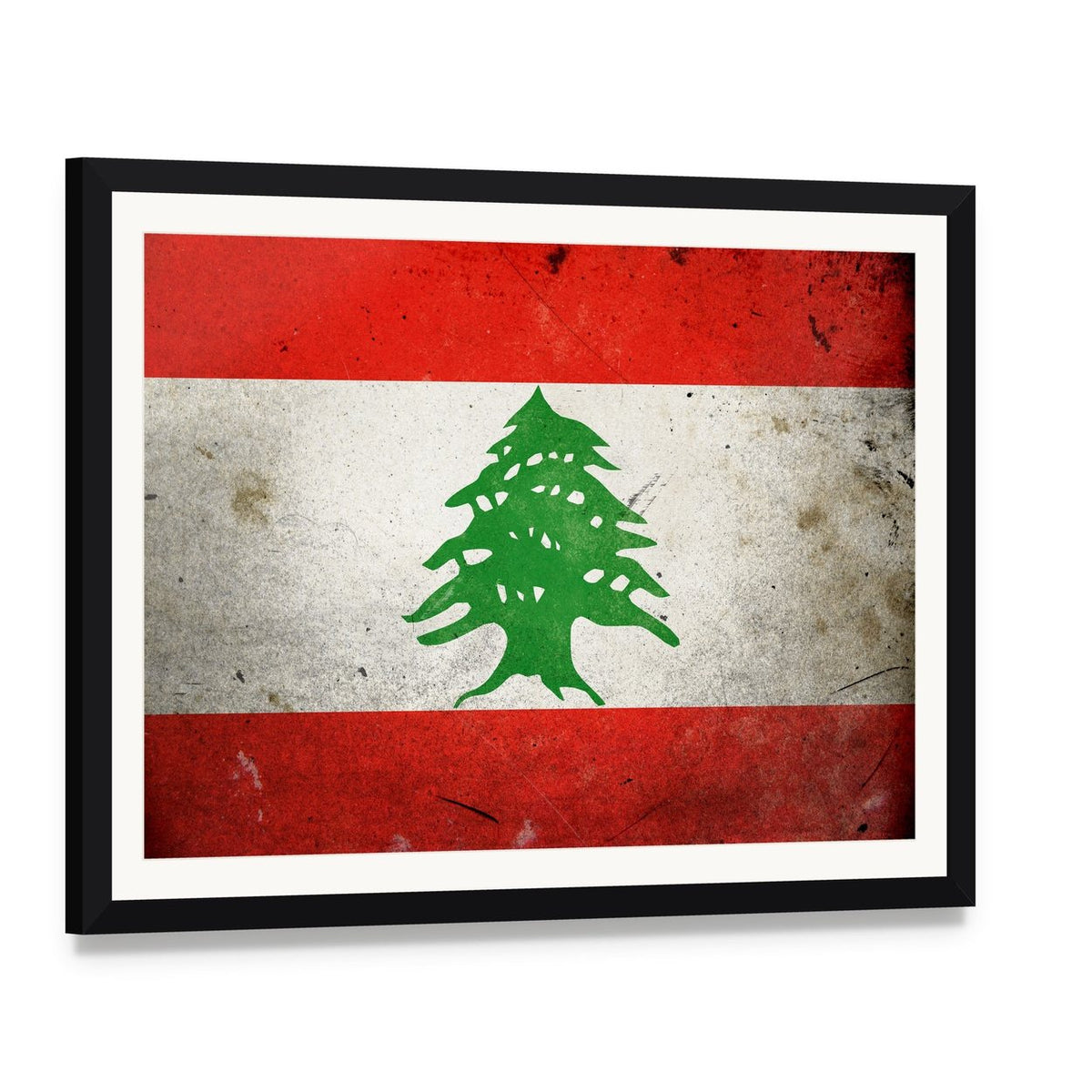 Grunge Lebanese Flag with Cedar Canvas Wall Art, framed print with white mat and black frame, angled product view