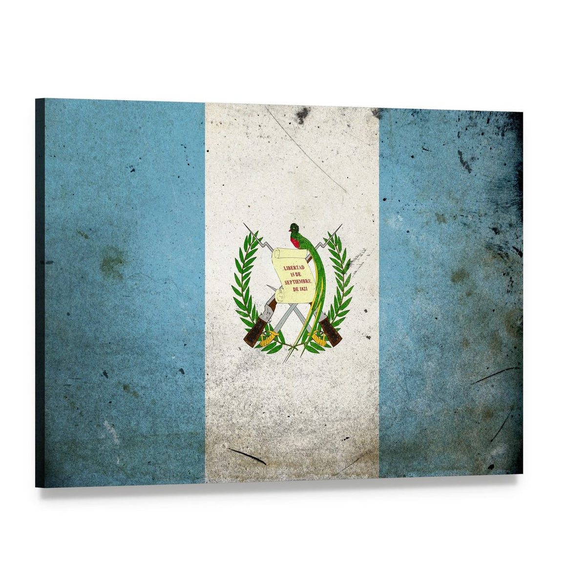 Guatemalan Flag with Quetzal Emblem Canvas Wall Art, single panel gallery wrapped canvas, angled product view