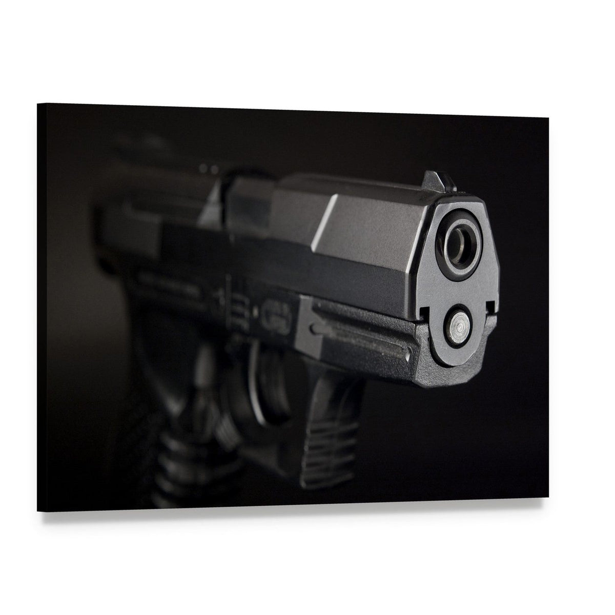 Close Up of Pistol Canvas Wall Art, single panel gallery wrapped canvas, angled product view