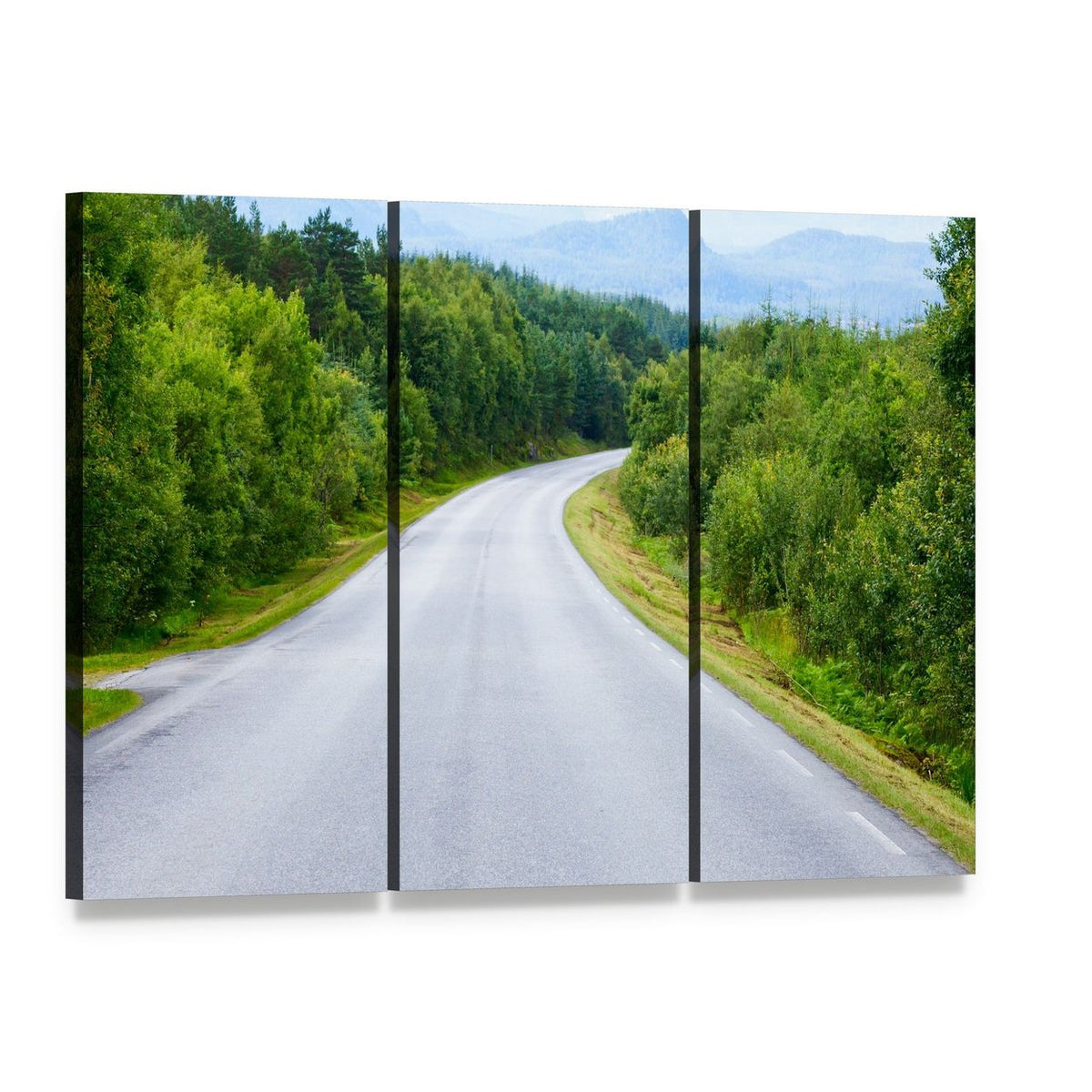 Winding Road Through Green Forest Canvas Wall Art, 3 panel 3 Horizontal layout gallery wrapped canvas set, angled product view