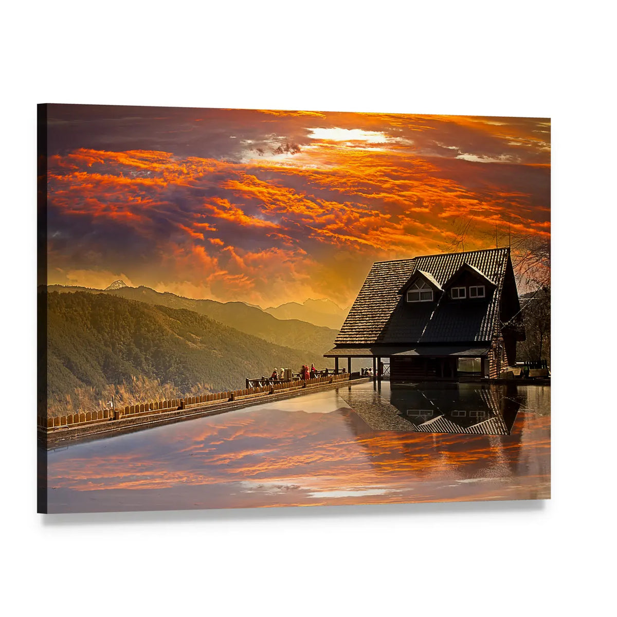 Sunset Mountain Huts with Reflecting Pool Canvas Wall Art, single panel gallery wrapped canvas, angled product view