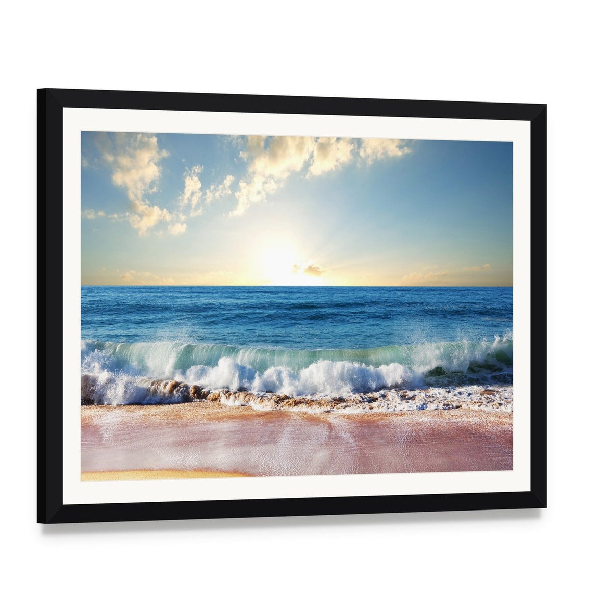 Sunset on Beach with Strong Ocean Waves Canvas Wall Art, framed print with white mat and black frame, angled product view