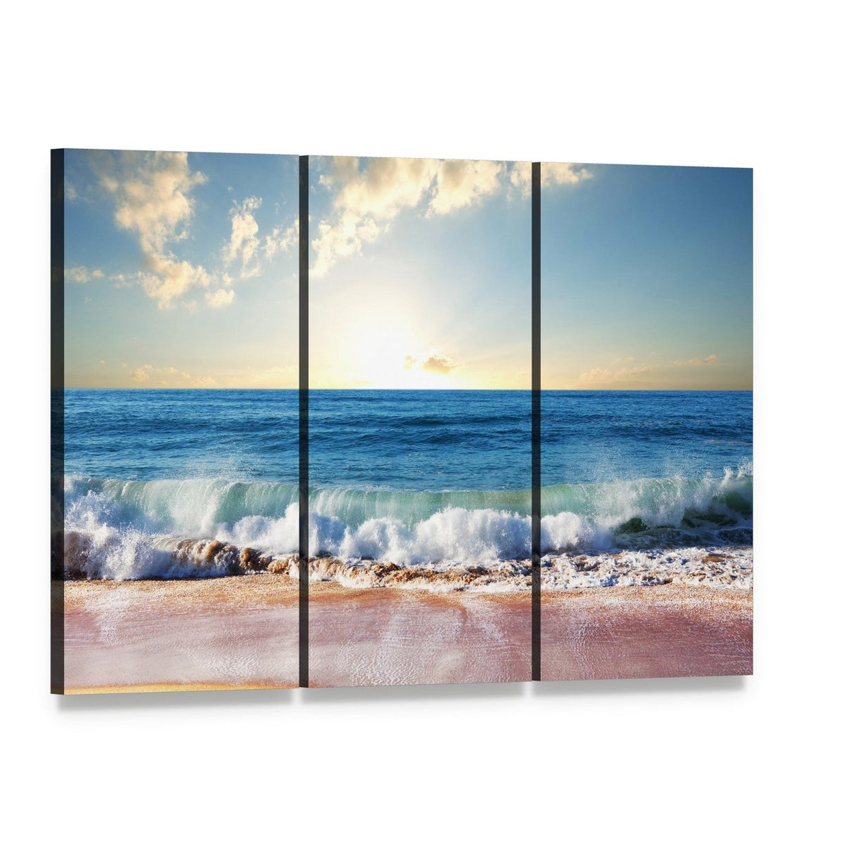 Sunset on Beach with Strong Ocean Waves Canvas Wall Art, 3 panel 3 Horizontal layout gallery wrapped canvas set, angled product view