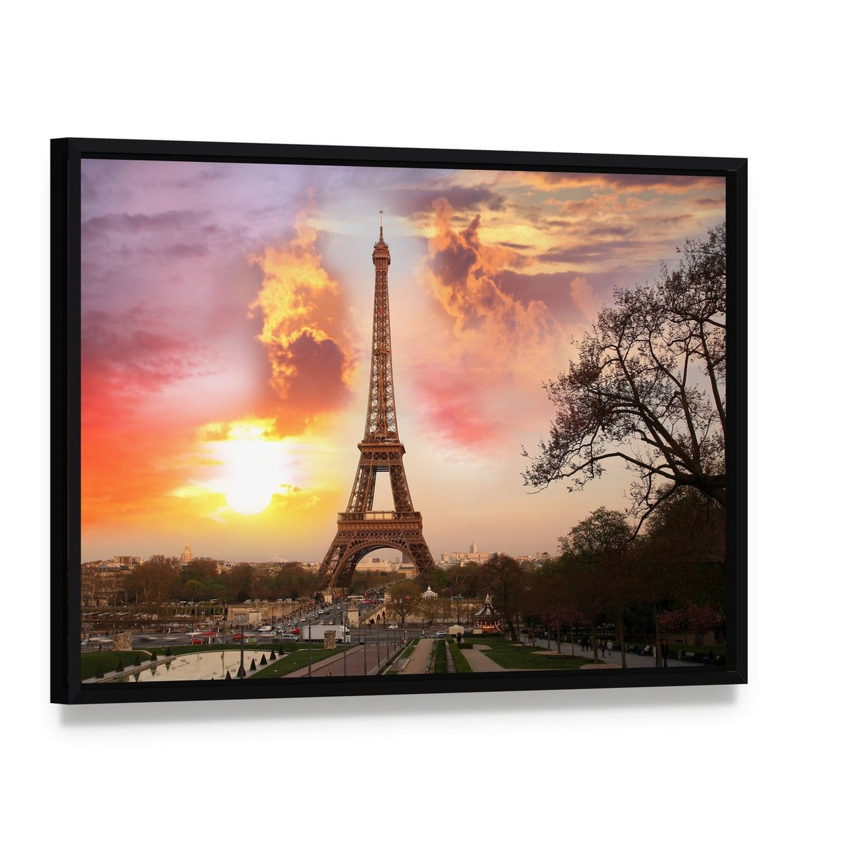 Eiffel Tower Against Sunset Canvas Wall Art, framed canvas in a black floater frame, angled product view