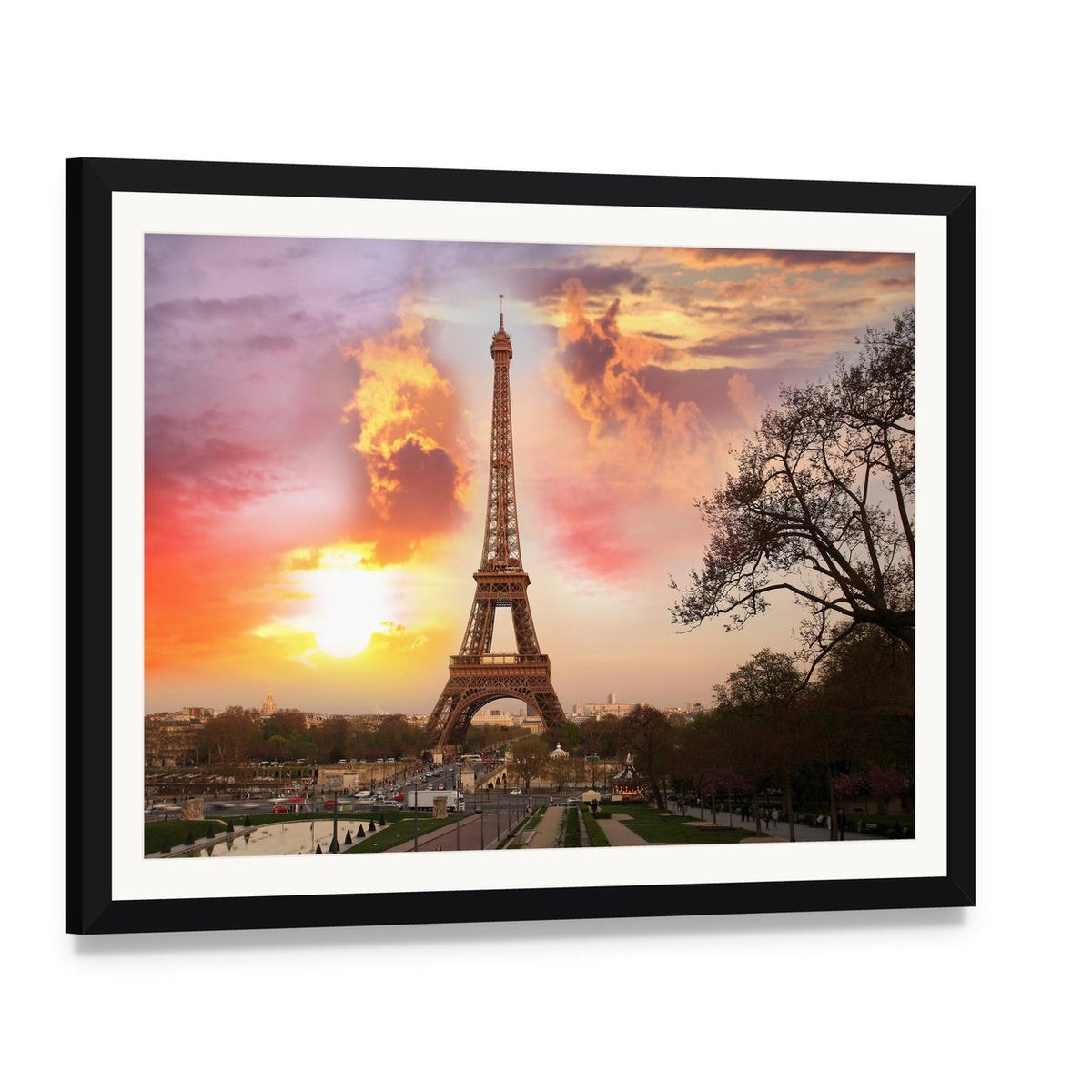 Eiffel Tower Against Sunset Canvas Wall Art, framed print with white mat and black frame, angled product view