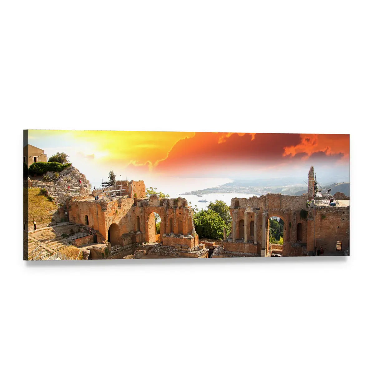 Taormina Theater at Sunset Panoramic Canvas Wall Art, single panel gallery wrapped canvas, angled product view