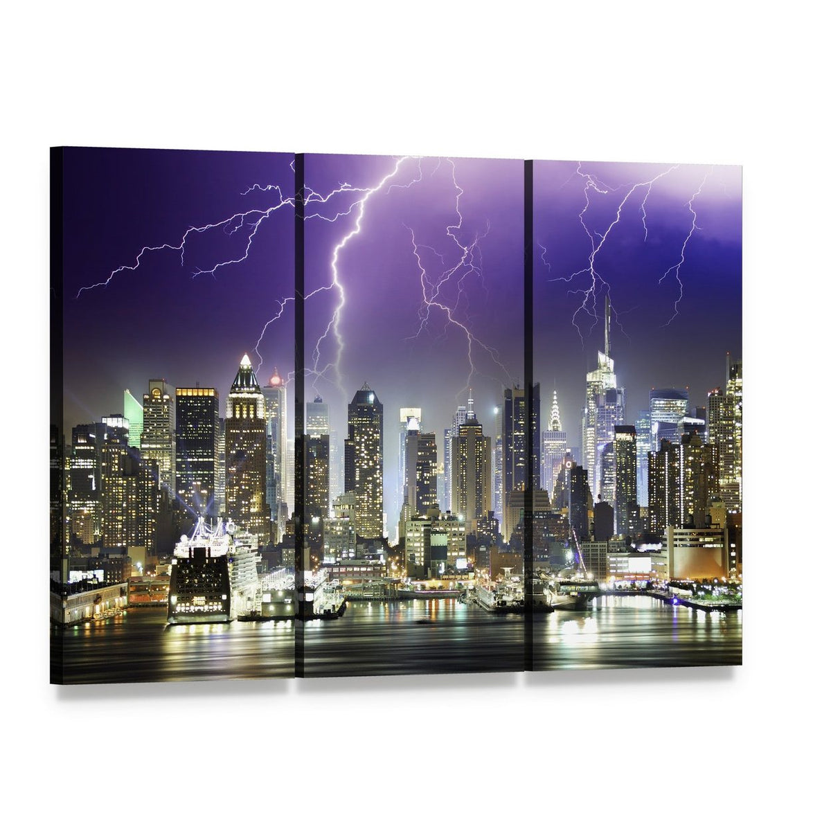 Lightning Striking New York City at Night Canvas Wall Art, 3 panel 3 Horizontal layout gallery wrapped canvas set, angled product view