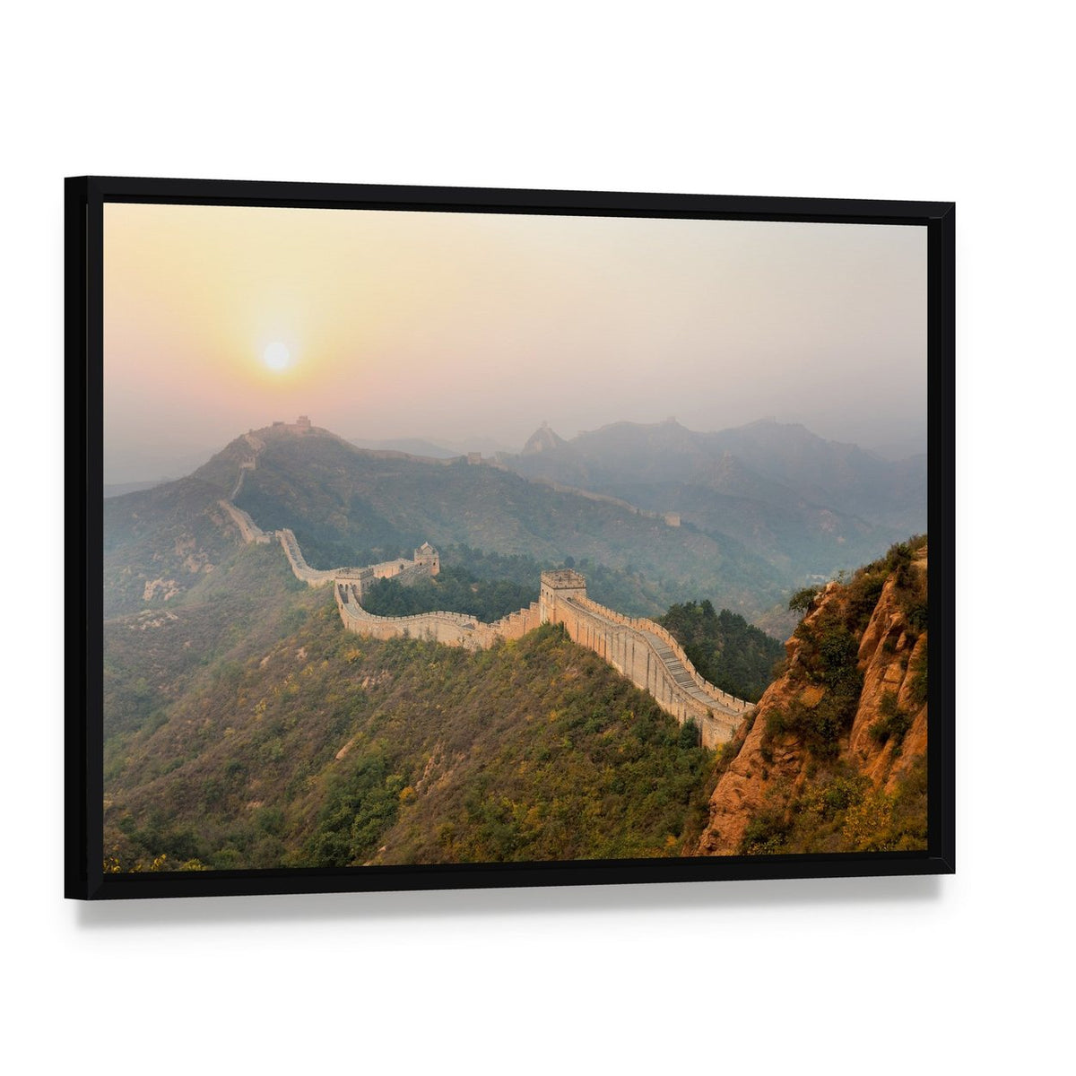 Great Wall Winding Through Mountains at Sunrise Canvas Wall Art, framed canvas in a black floater frame, angled product view