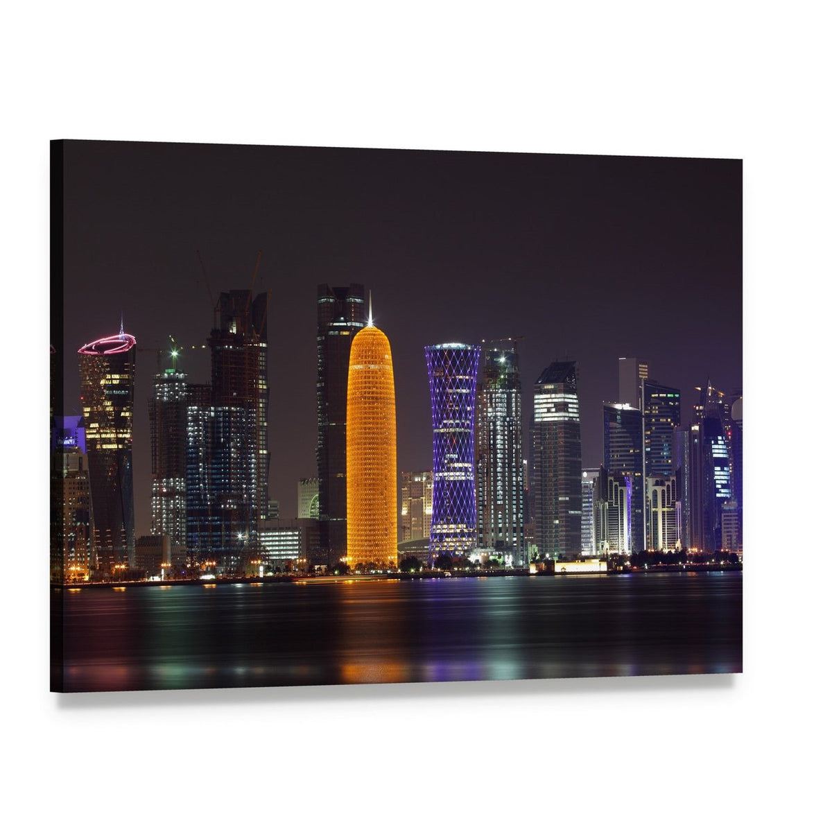 Doha Night Skyline Canvas Wall Art, single panel gallery wrapped canvas, angled product view