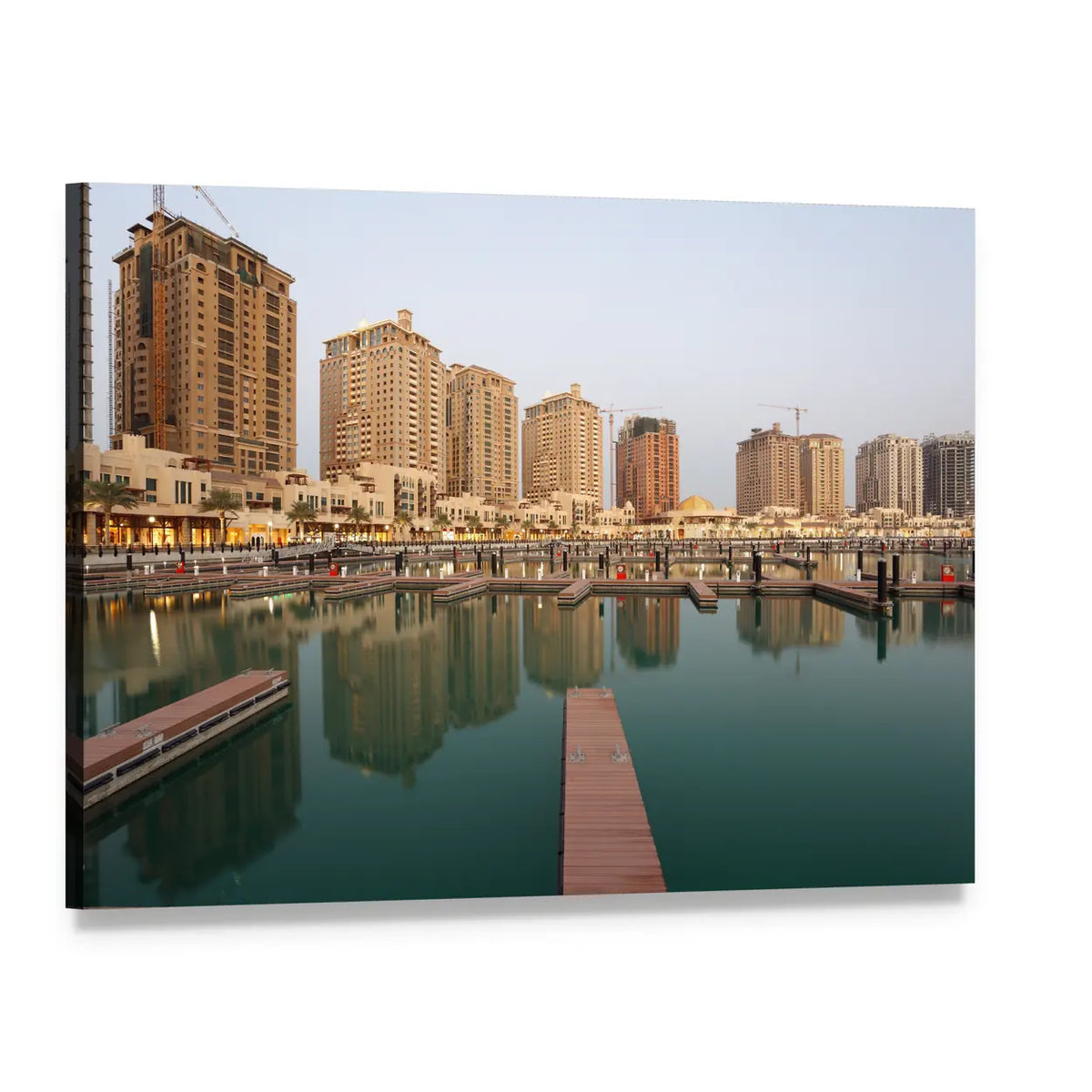 Empty Marina at Dusk with City Skyline Canvas Wall Art, single panel gallery wrapped canvas, angled product view