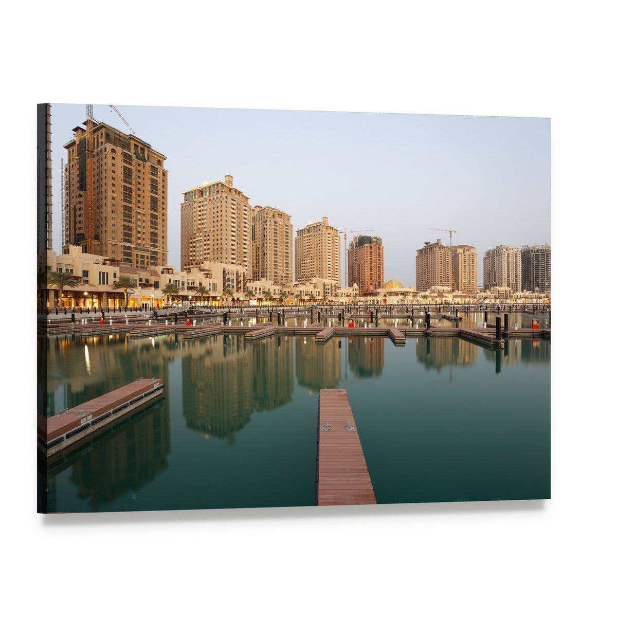 Empty Marina at Dusk with Residential Buildings Canvas Wall Art, single panel gallery wrapped canvas, angled product view