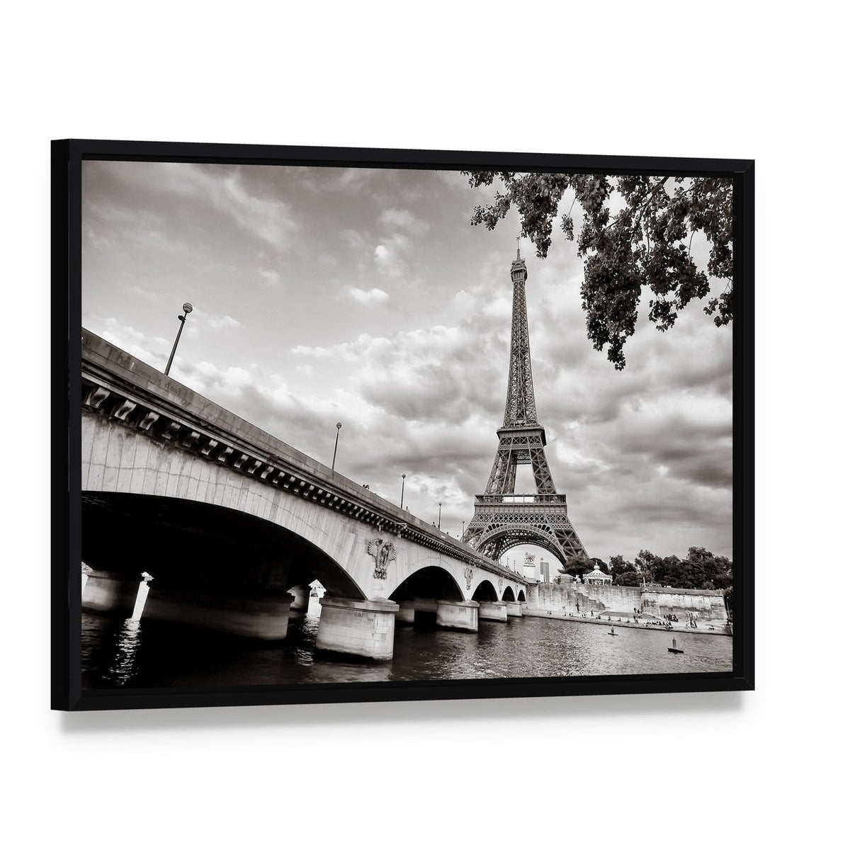 Eiffel Tower from Seine River Canvas Wall Art, framed canvas in a black floater frame, angled product view