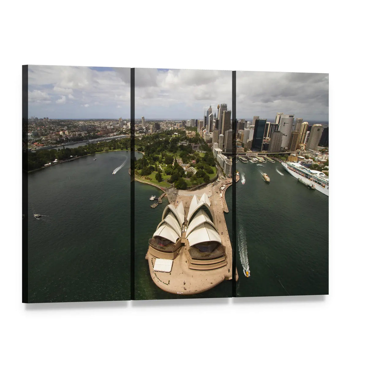 Aerial View of Sydney Opera House Canvas Wall Art, 3 panel 3 Horizontal layout gallery wrapped canvas set, angled product view