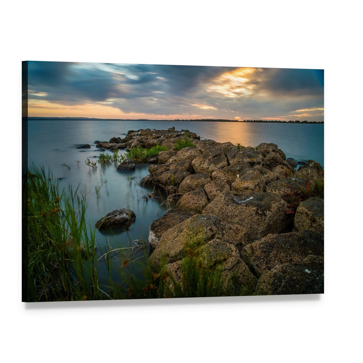 Sunset Over a Stone Pier in a Lake Canvas Wall Art, single panel gallery wrapped canvas, angled product view