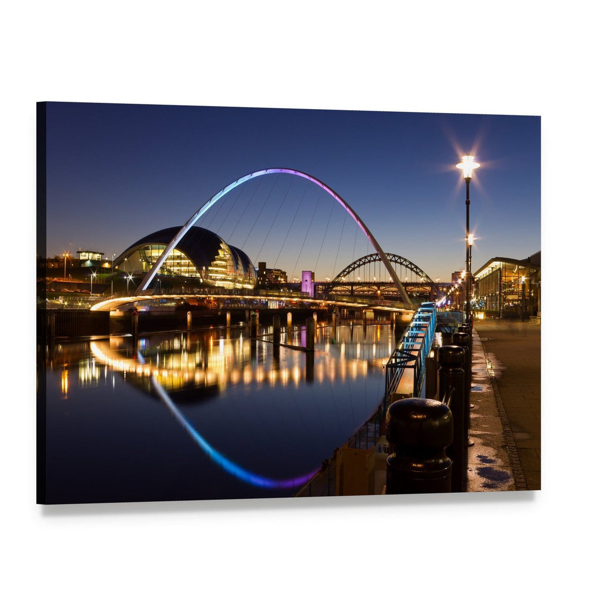 Newcastle Quayside Night Cityscape Canvas Wall Art, single panel gallery wrapped canvas, angled product view