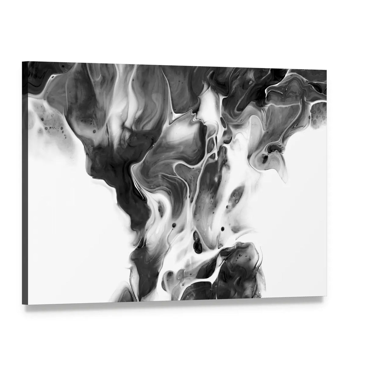 Black and White Ink Flow Abstract Canvas Wall Art, single panel gallery wrapped canvas, angled product view