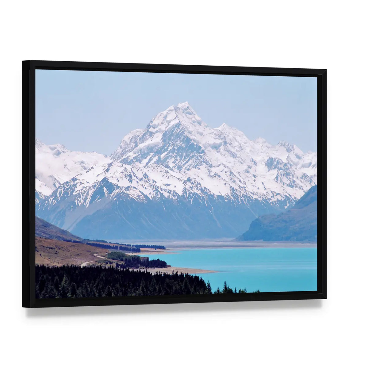 Mount Cook Over Turquoise Lake Pukaki Canvas Wall Art, framed canvas in a black floater frame, angled product view