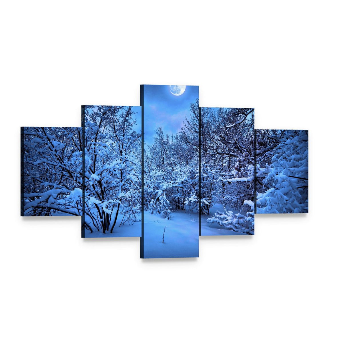 Moonlit Path Through Snowy Forest Canvas Wall Art, 5 panel 5 Star layout gallery wrapped canvas set, angled product view