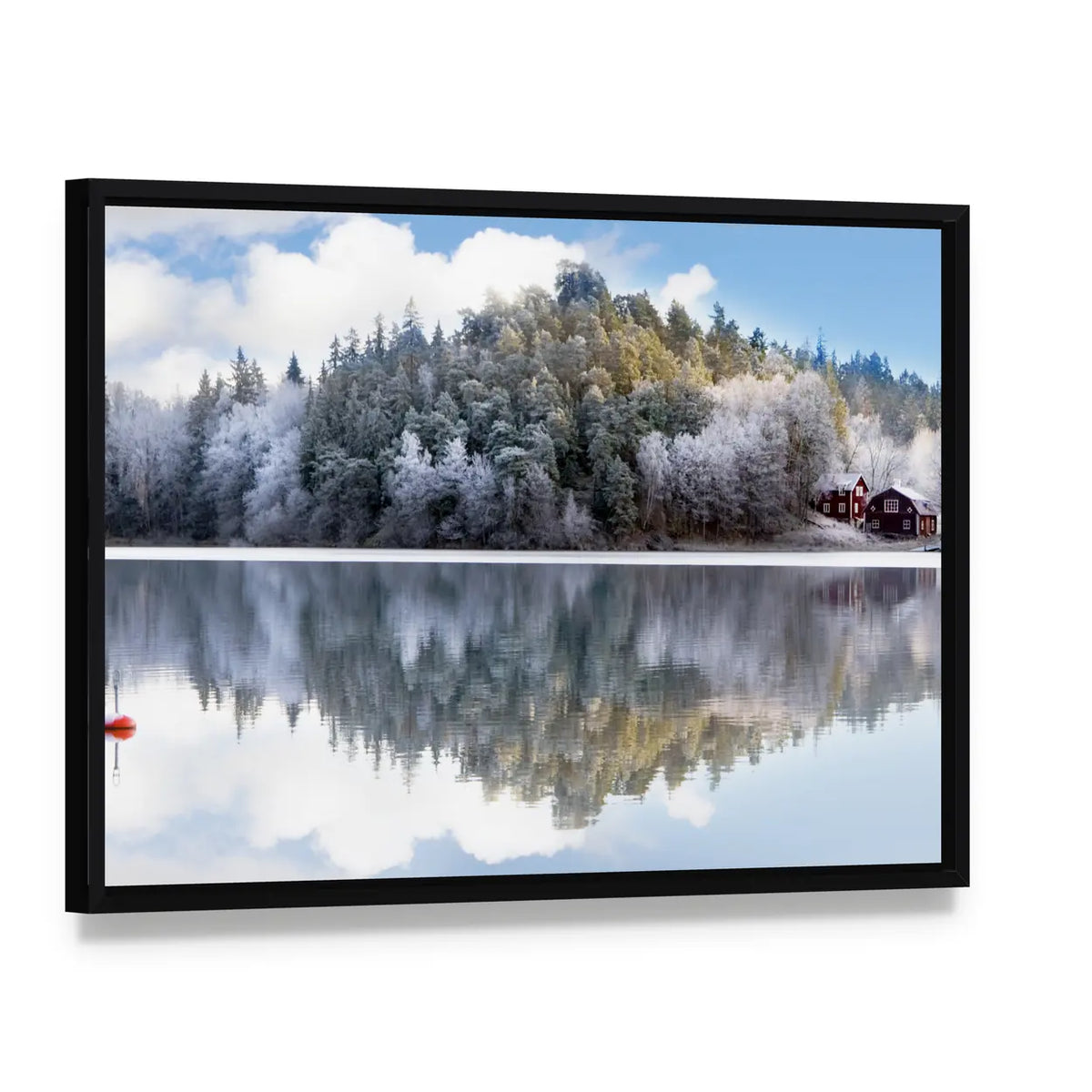 House By Lake Hill In Sweden Canvas Wall Art, framed canvas in a black floater frame, angled product view