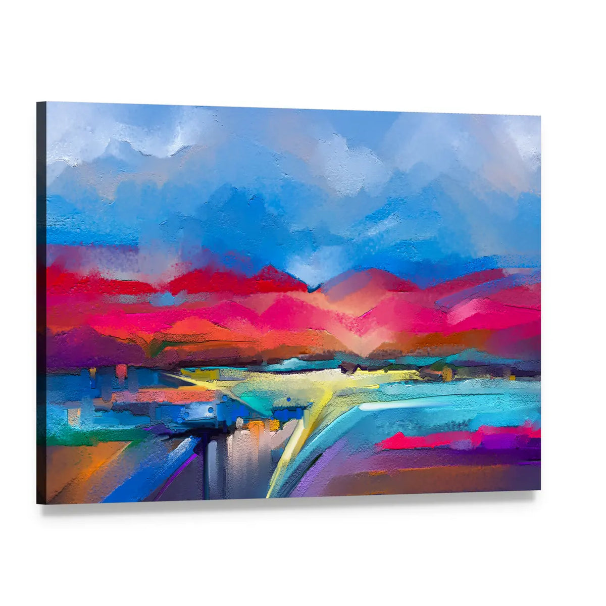 Colorful Abstract Mountain Landscape Canvas Wall Art, single panel gallery wrapped canvas, angled product view