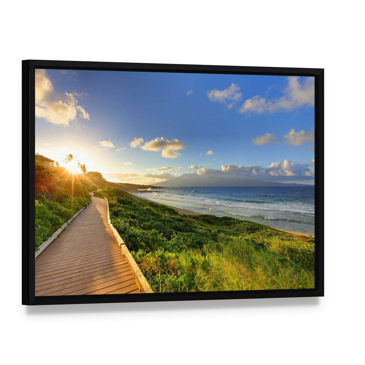 Tropical Path Near the Beach Maui Hawaii Canvas Wall Art, framed canvas in a black floater frame, angled product view