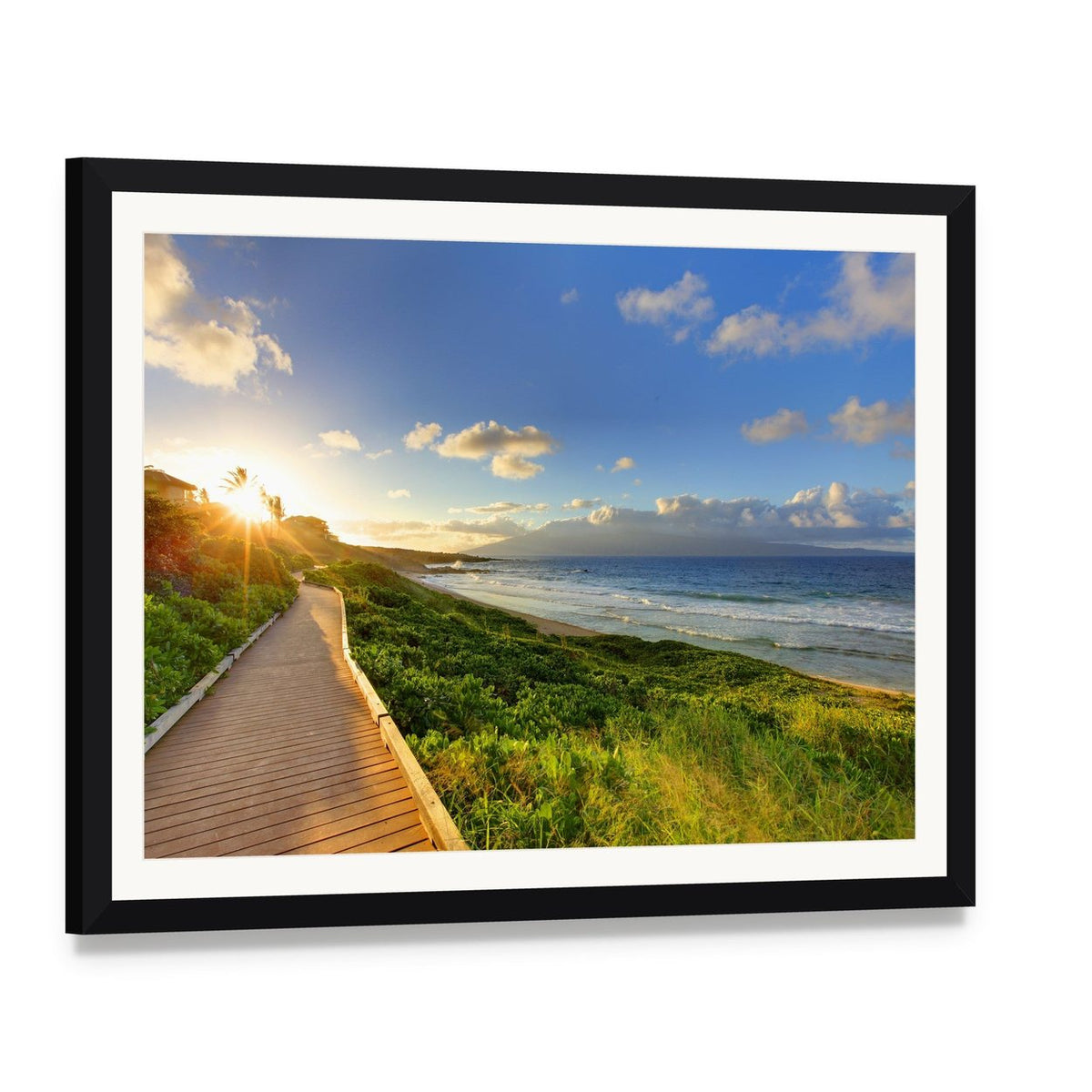 Tropical Path Near the Beach Maui Hawaii Canvas Wall Art, framed print with white mat and black frame, angled product view