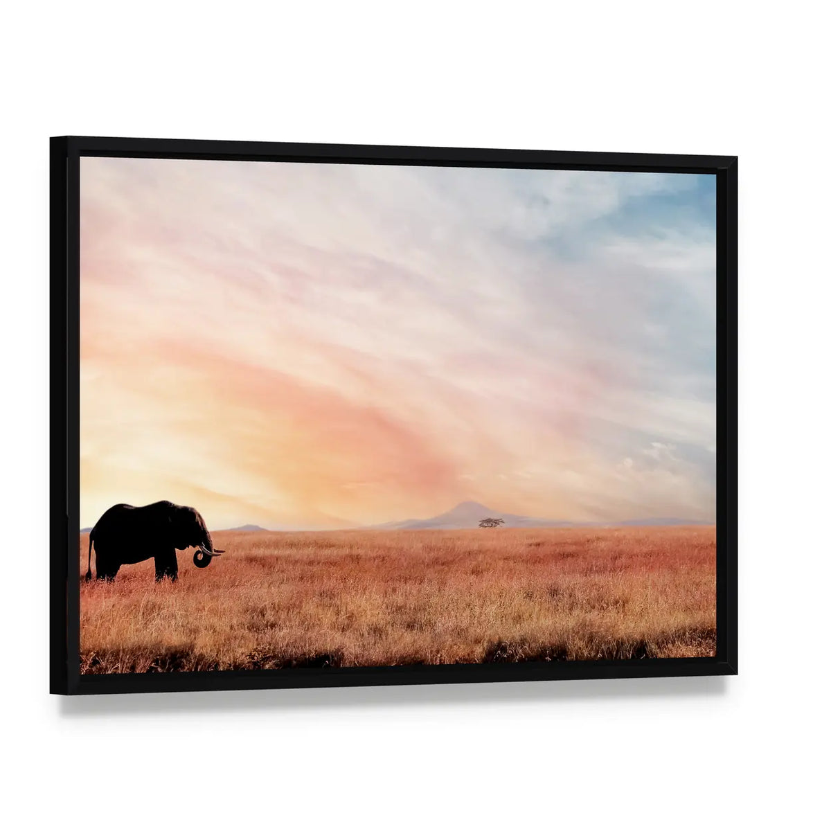 Lonely Elephant in Savannah Sunset Canvas Wall Art, framed canvas in a black floater frame, angled product view