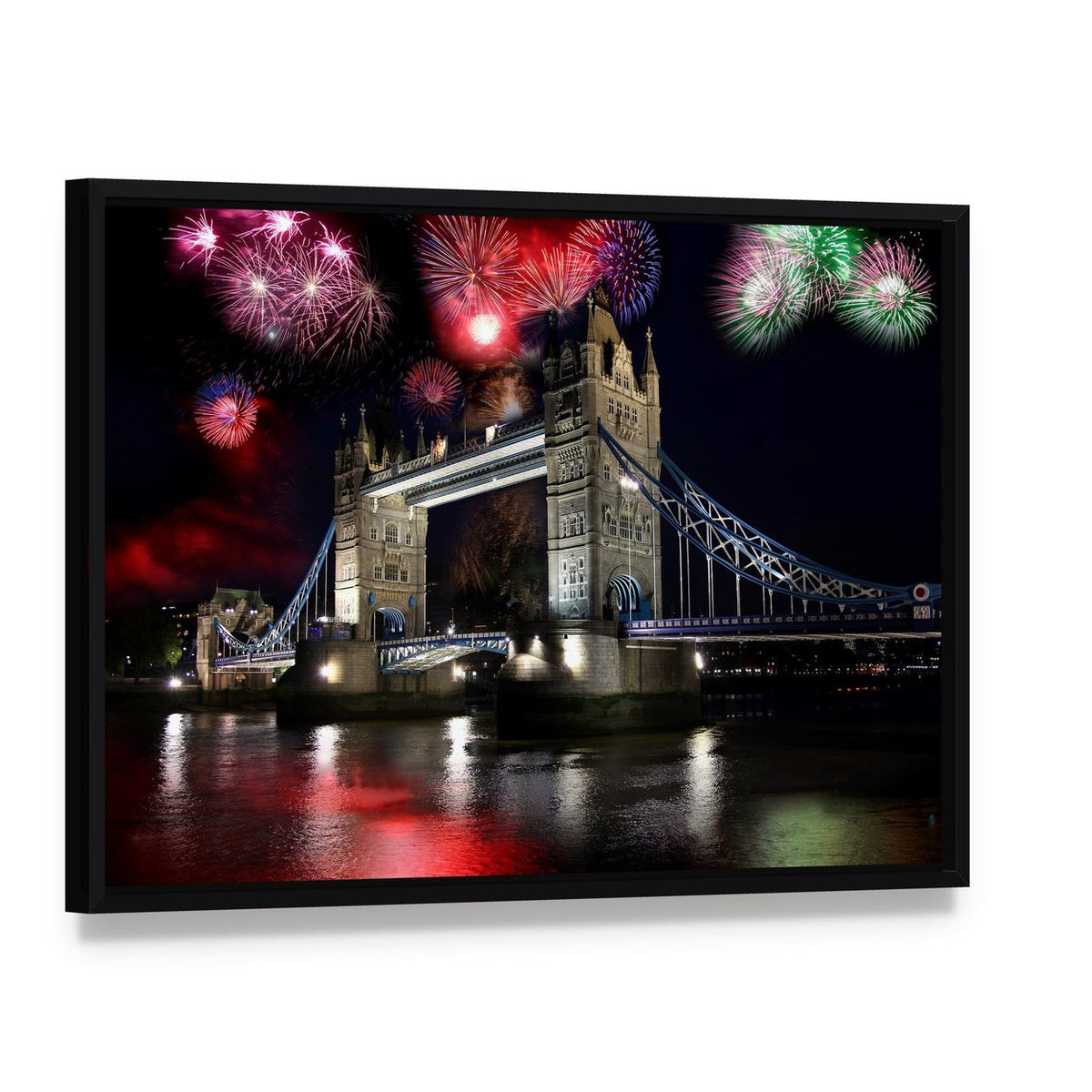 Tower Bridge Fireworks Canvas Wall Art, framed canvas in a black floater frame, angled product view