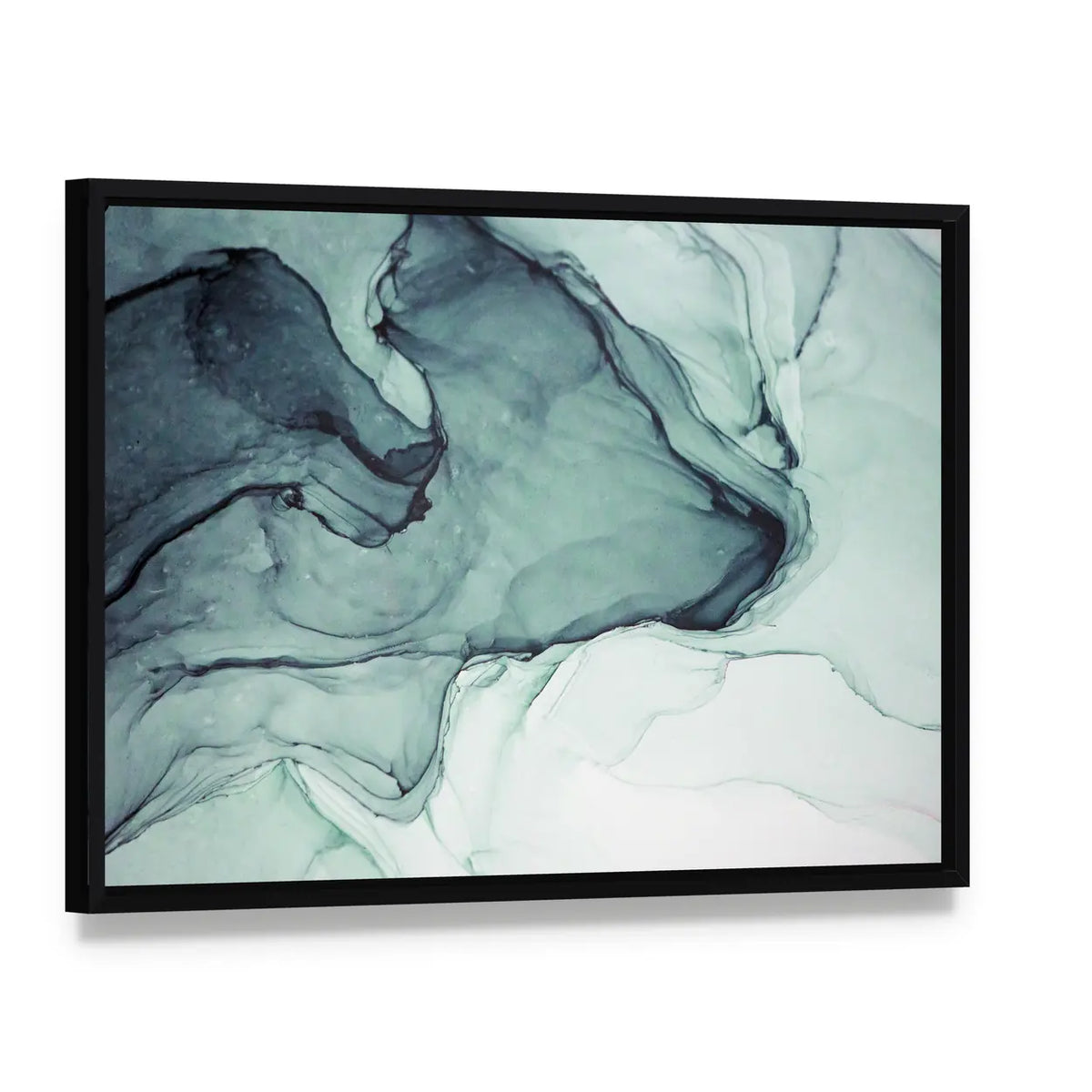 Teal Alcohol Ink Abstract Canvas Wall Art, framed canvas in a black floater frame, angled product view