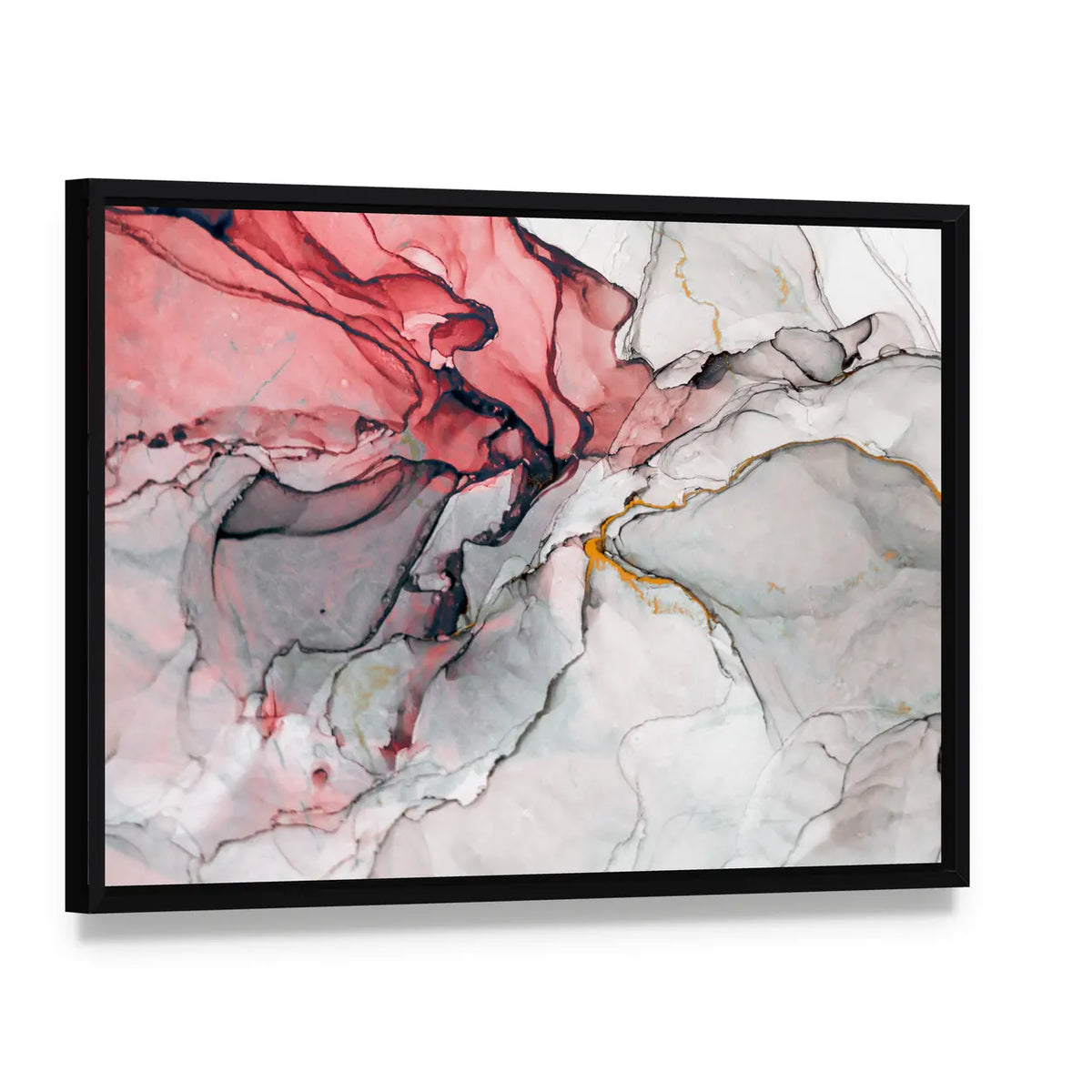 Alcohol Ink Abstract Canvas Wall Art, framed canvas in a black floater frame, angled product view