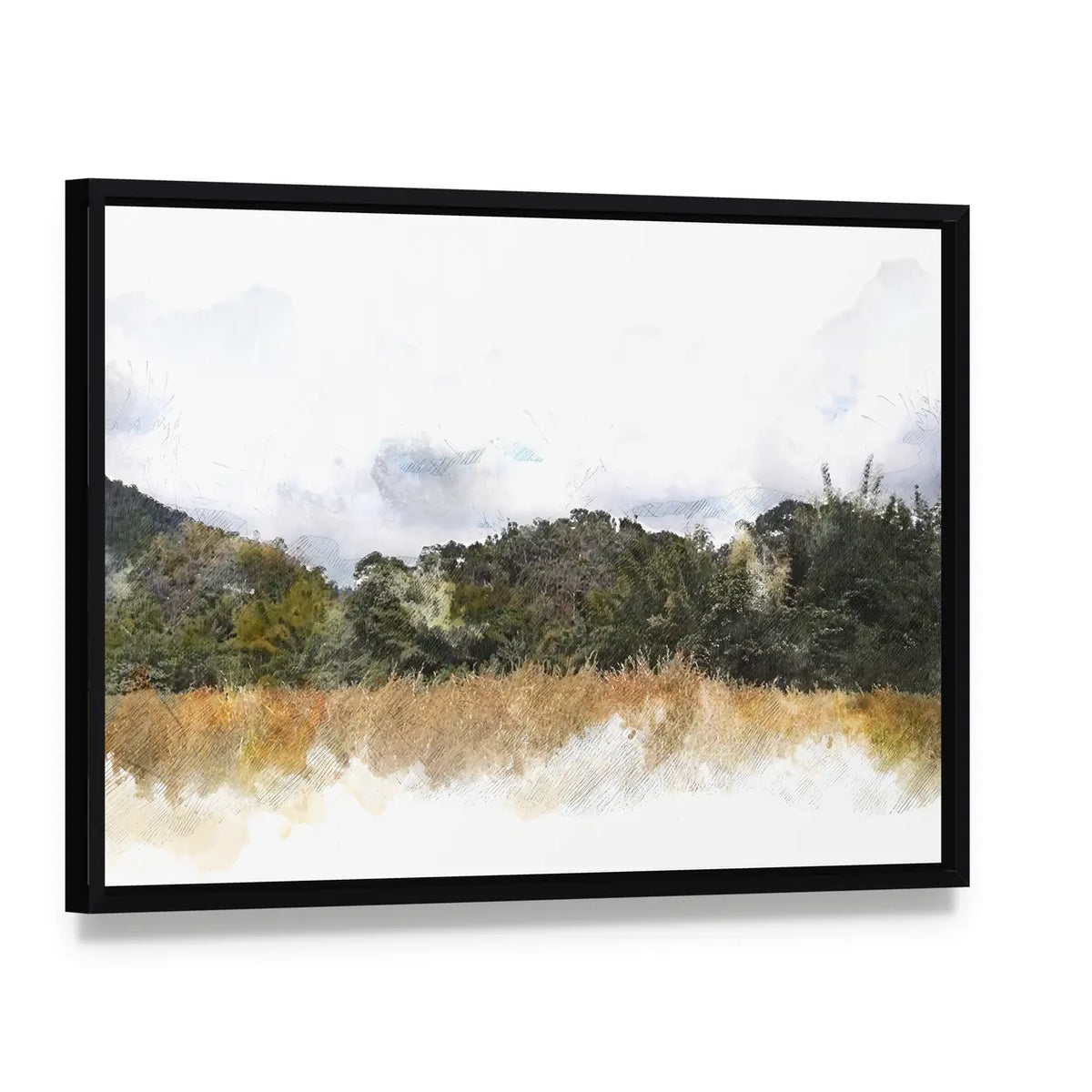 Watercolor Mountain Silhouette Canvas Wall Art, framed canvas in a black floater frame, angled product view