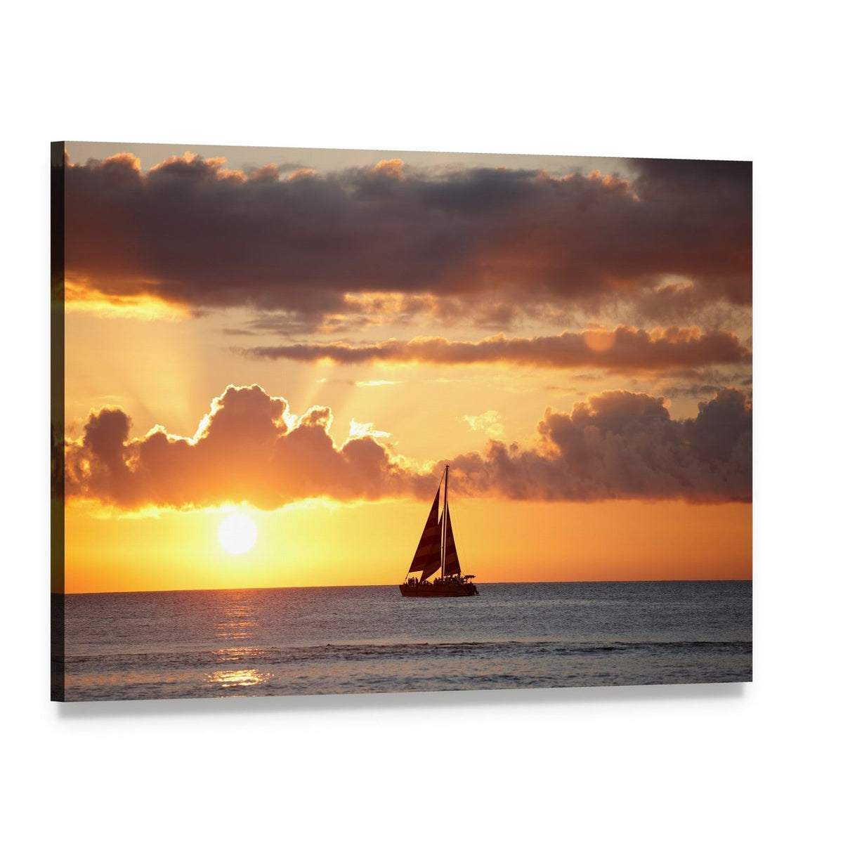 Sailboat at Sunset Over Ocean Canvas Wall Art, single panel gallery wrapped canvas, angled product view