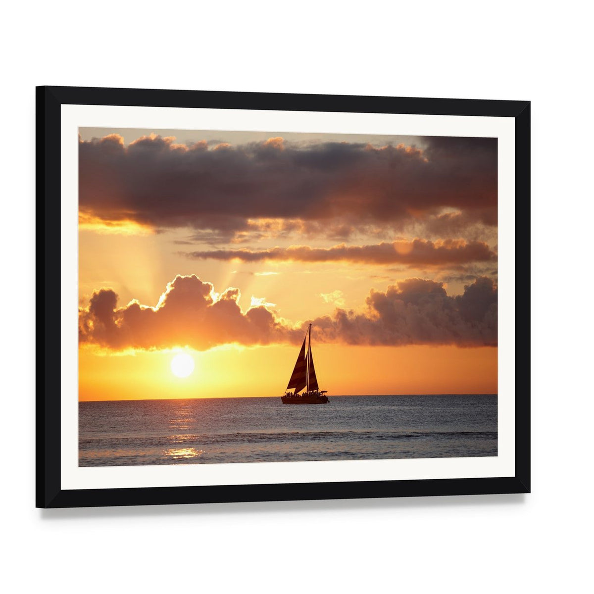 Sailboat at Sunset Over Ocean Canvas Wall Art, framed print with white mat and black frame, angled product view