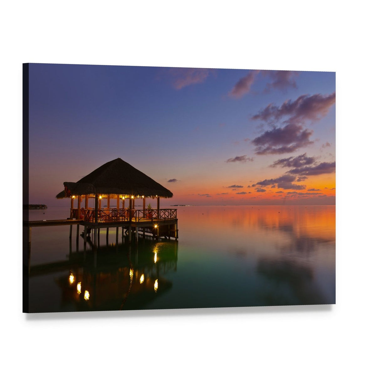 Water Cafe at Sunset Canvas Wall Art, single panel gallery wrapped canvas, angled product view