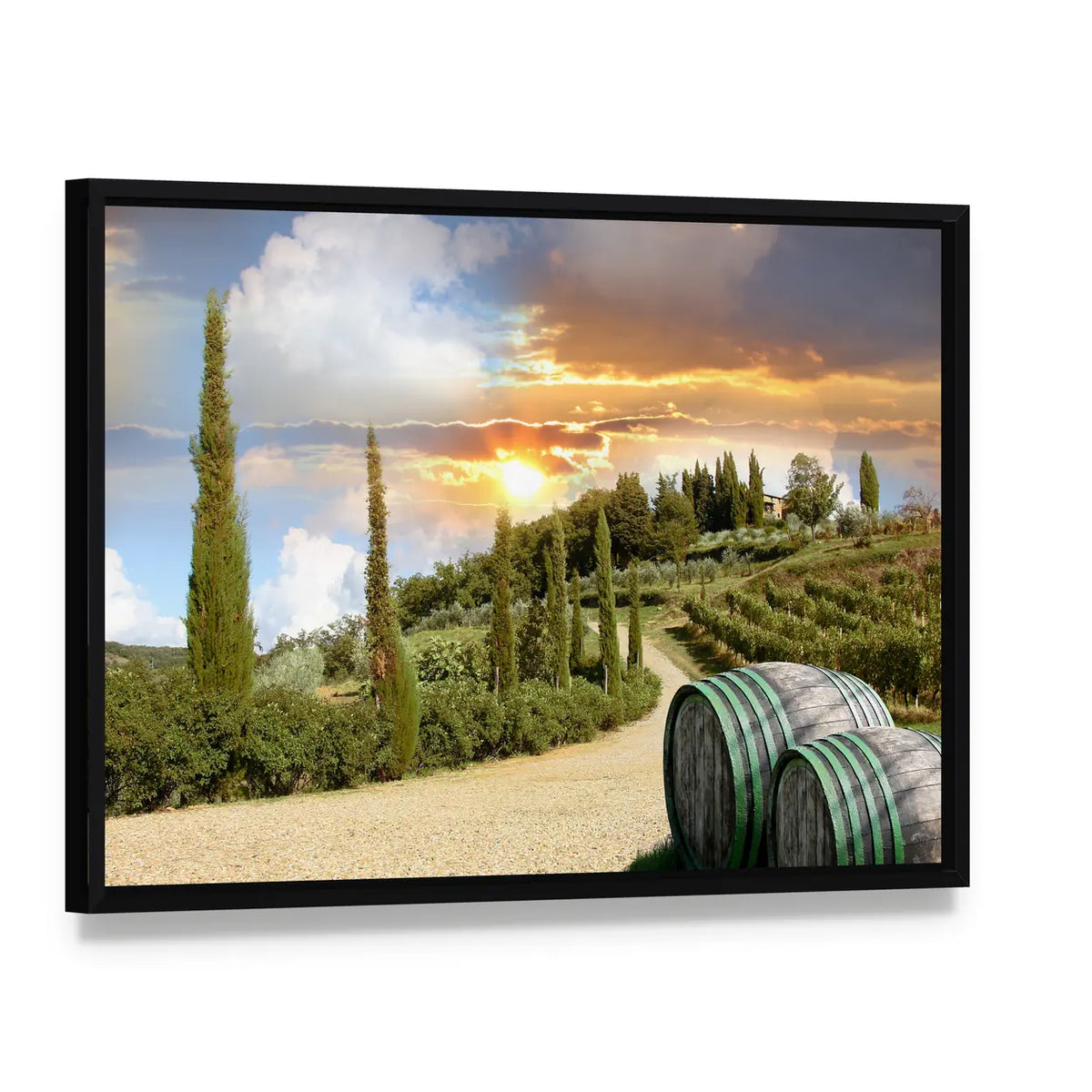Chianti Vineyard at Sunset Canvas Wall Art, framed canvas in a black floater frame, angled product view