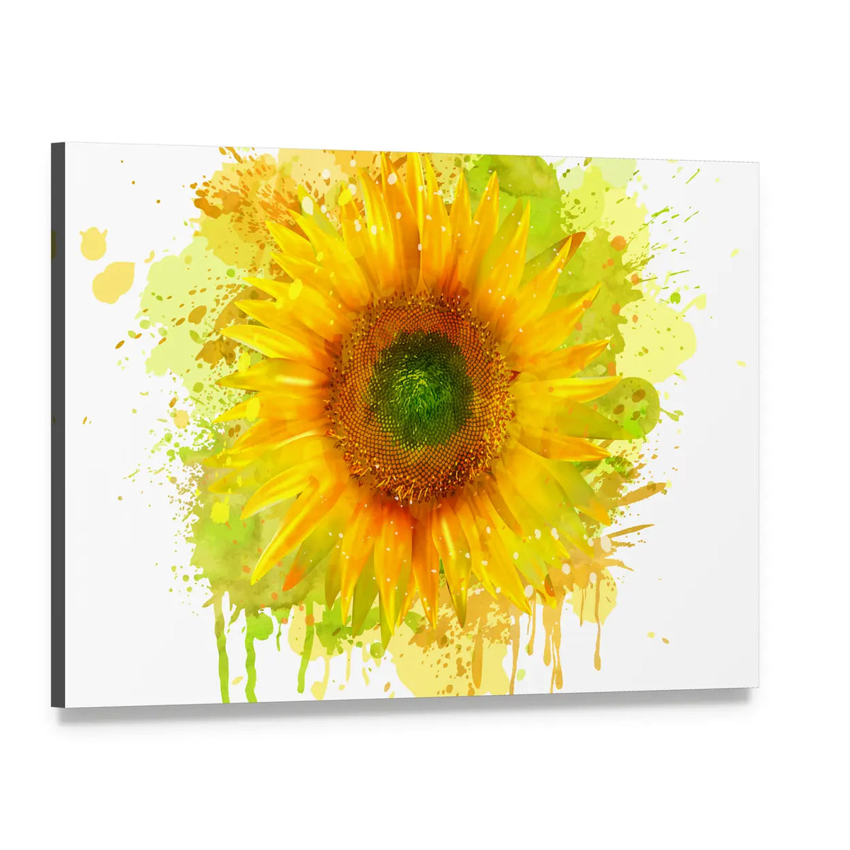 Watercolor Sunflower Splash Canvas Wall Art, single panel gallery wrapped canvas, angled product view