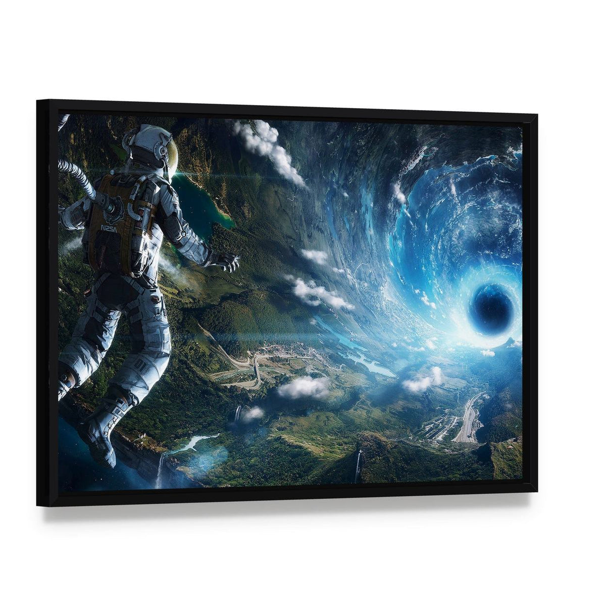 Astronaut in Artificial World Canvas Wall Art, framed canvas in a black floater frame, angled product view