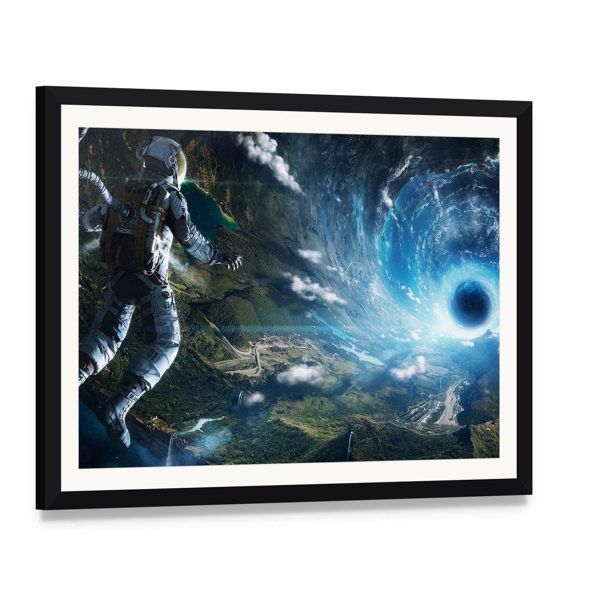 Astronaut in Artificial World Canvas Wall Art, framed print with white mat and black frame, angled product view
