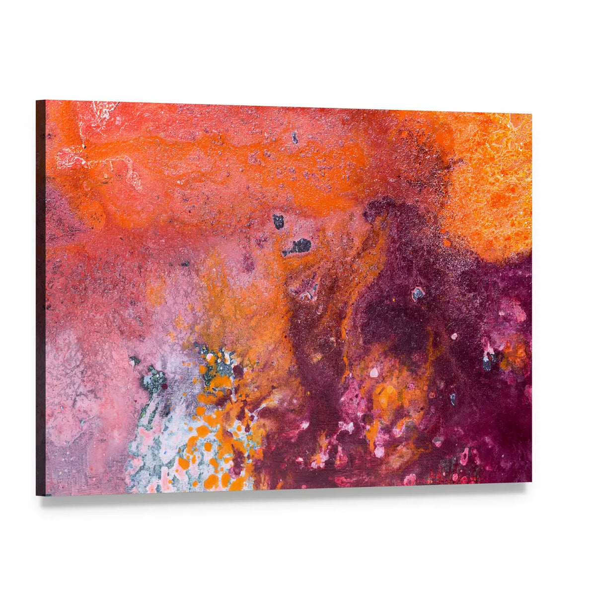 Fluid Acrylic Pour Abstract in Orange and Purple Canvas Wall Art, single panel gallery wrapped canvas, angled product view
