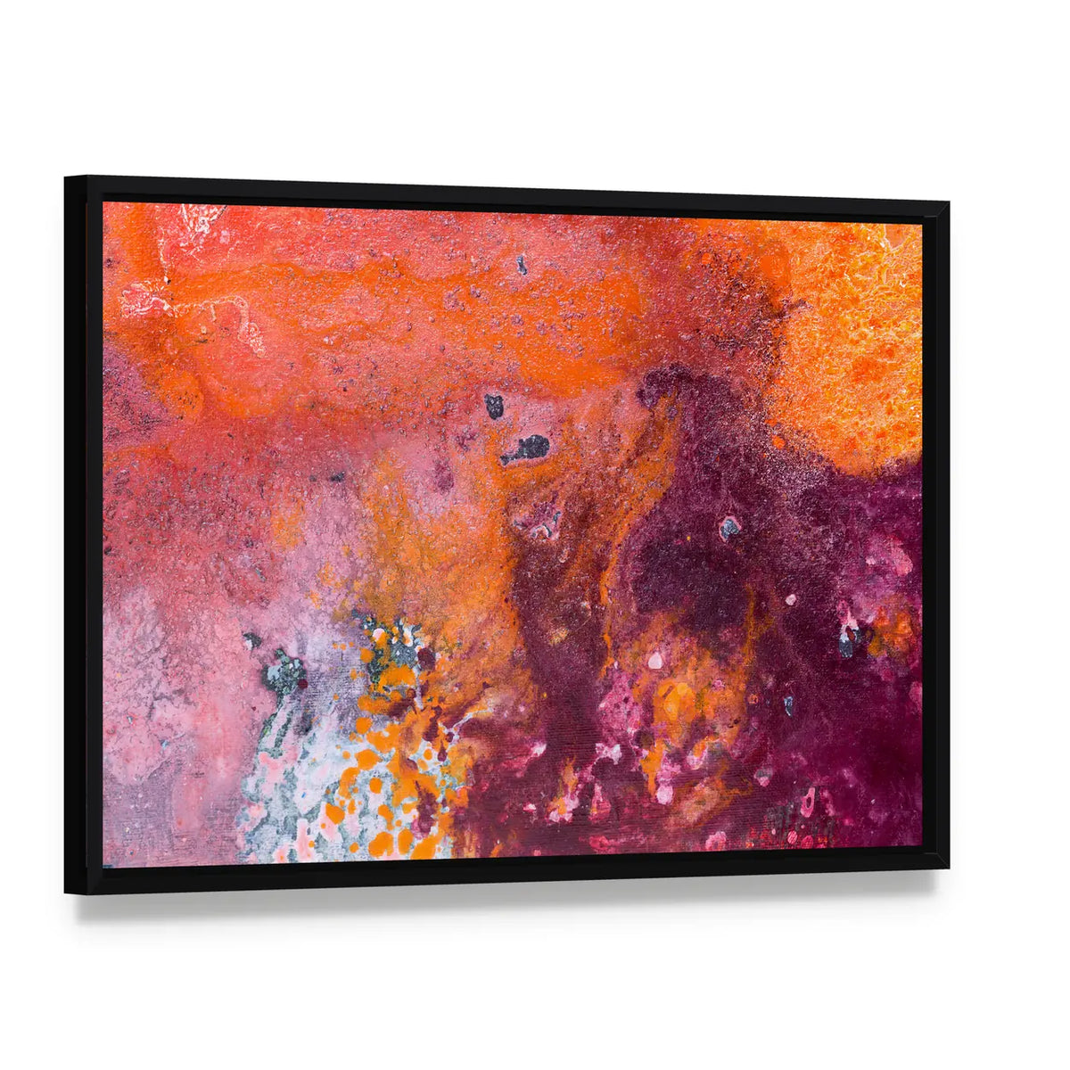 Fluid Acrylic Pour Abstract in Orange and Purple Canvas Wall Art, framed canvas in a black floater frame, angled product view