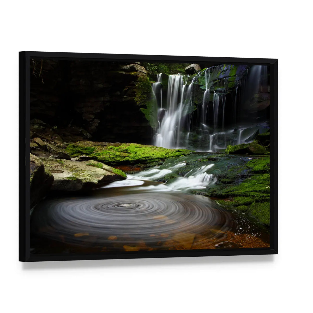 Waterfall and Swirling Pool Canvas Wall Art, framed canvas in a black floater frame, angled product view