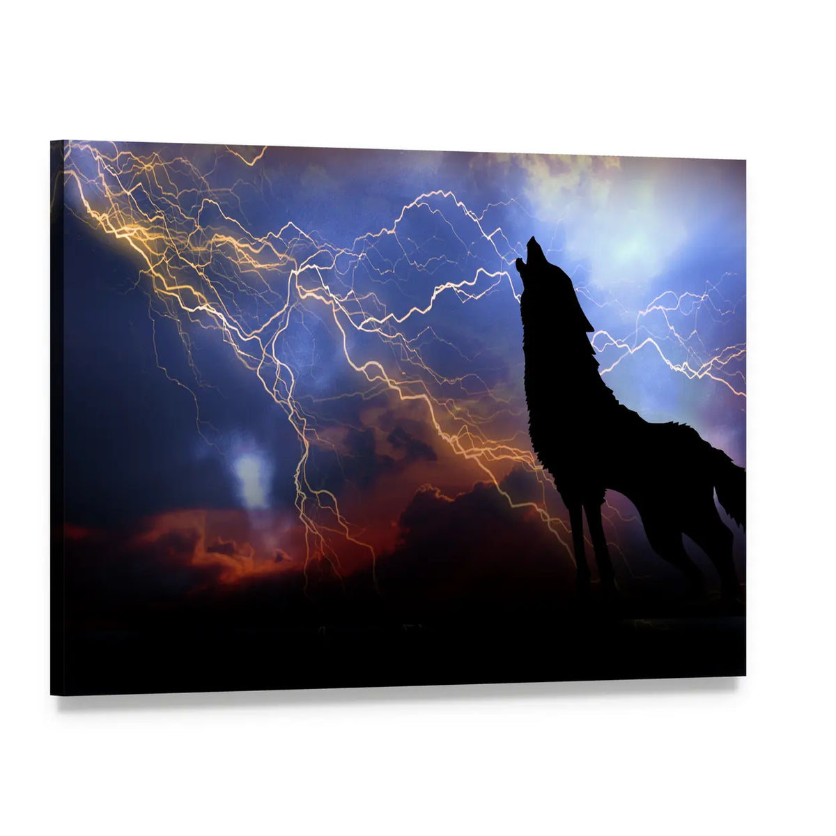 Howling Wolf in Thunderstorm Canvas Wall Art, single panel gallery wrapped canvas, angled product view