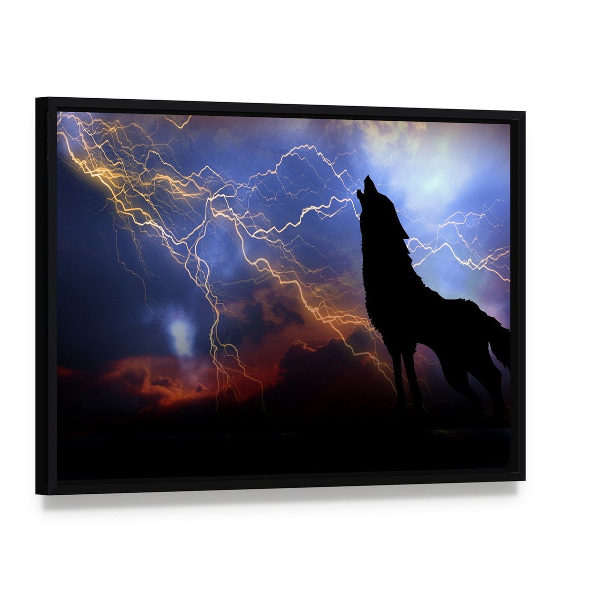Wolf Howling in Thunder Canvas Wall Art, framed canvas in a black floater frame, angled product view