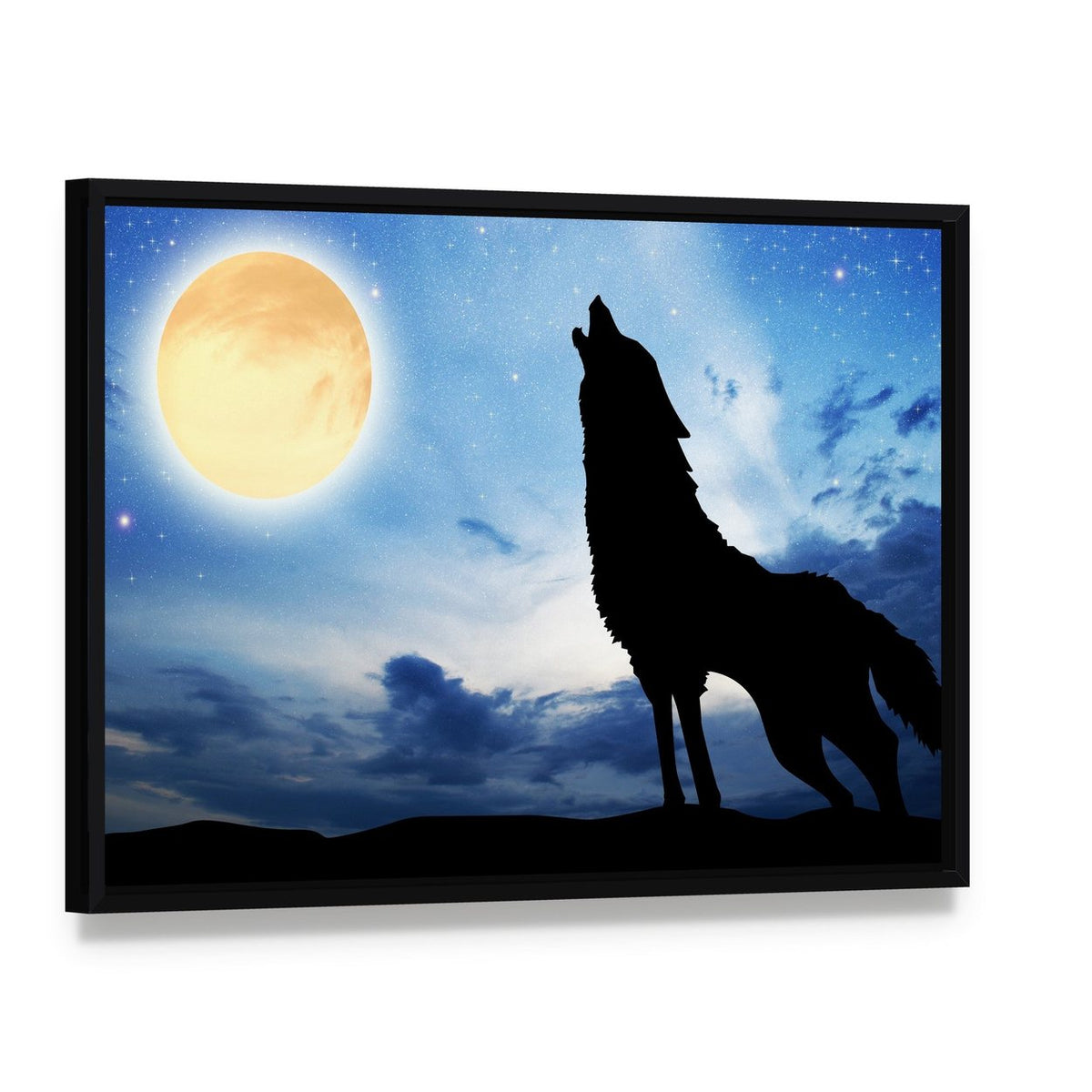 Wolf Silhouette in Front of Moon Canvas Wall Art, framed canvas in a black floater frame, angled product view