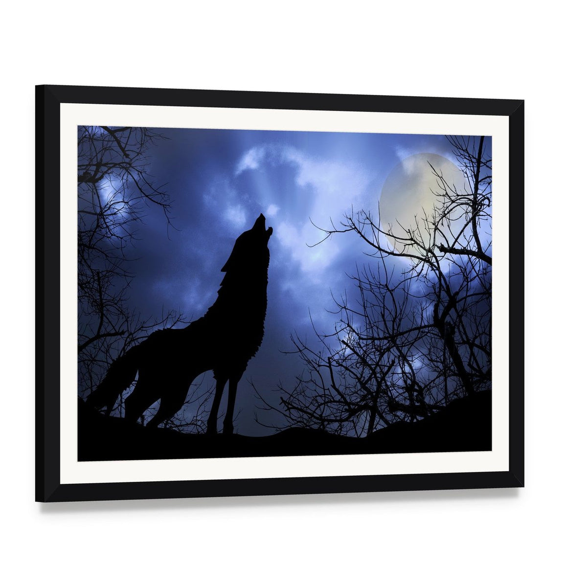 Wolf Howling in Dark Canvas Wall Art, framed print with white mat and black frame, angled product view