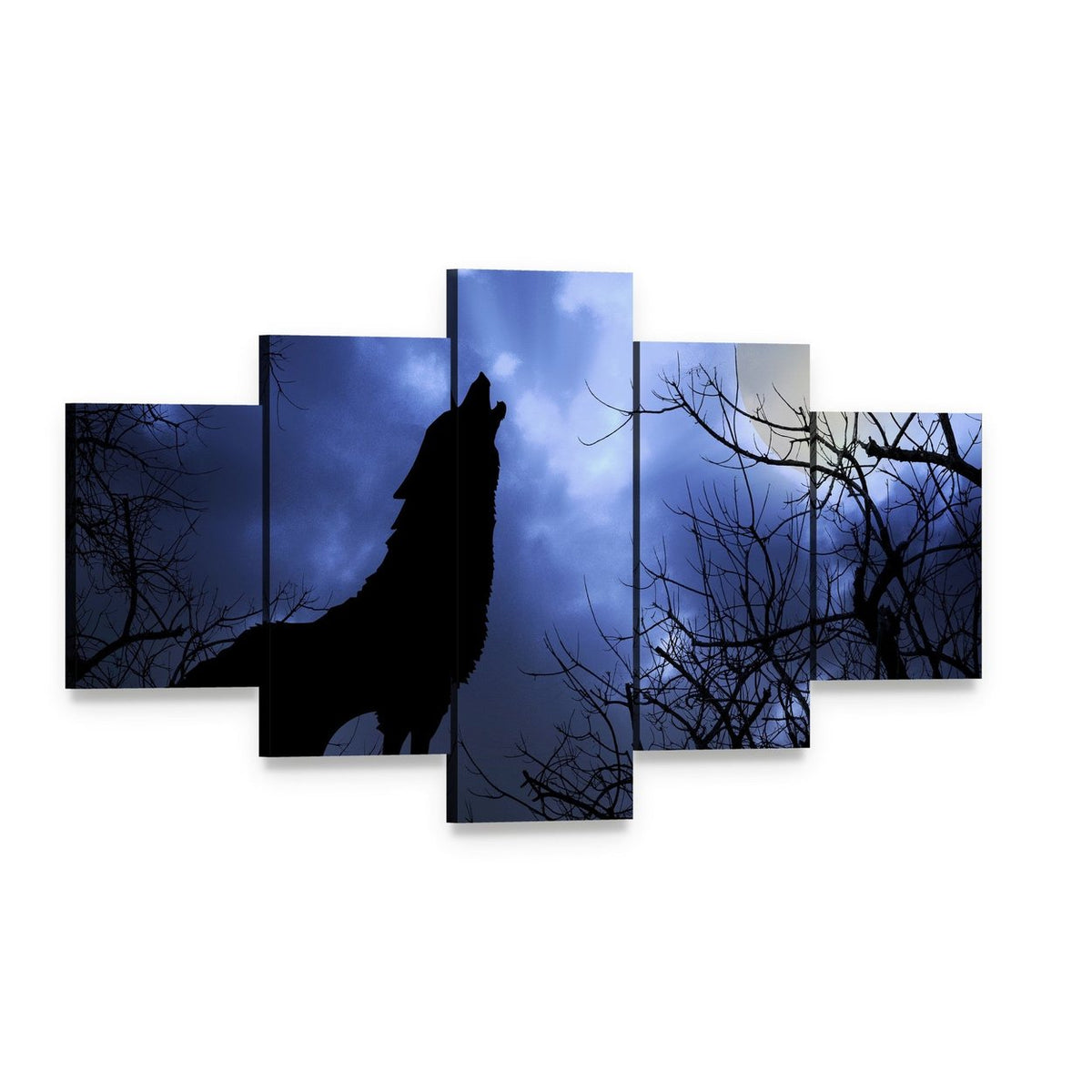 Wolf Howling in Dark Canvas Wall Art, 5 panel 5 Star layout gallery wrapped canvas set, angled product view