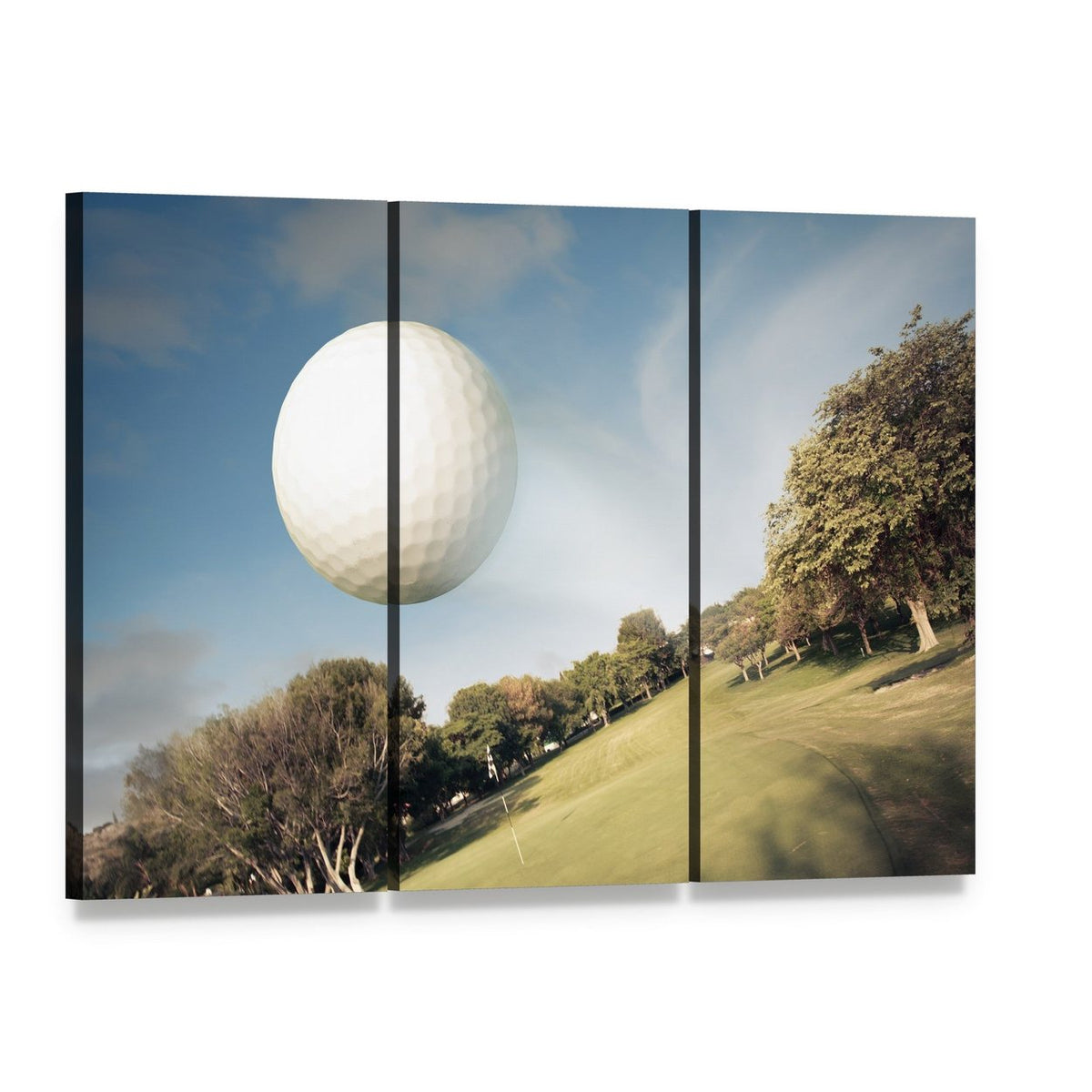 Flying Golf Ball Canvas Wall Art, 3 panel 3 Horizontal layout gallery wrapped canvas set, angled product view